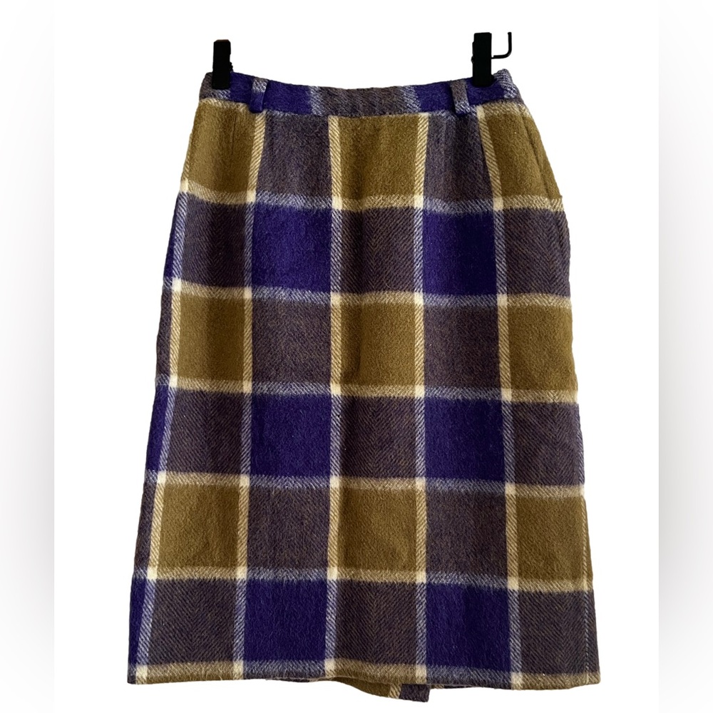Vintage Plaid Wool Skirt in Blue and Tan XXS